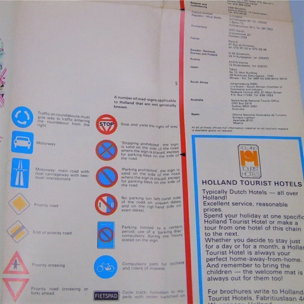 Holland Tourist Road Map Vintage 1975 Fold Out Highway Map Netherlands Travel